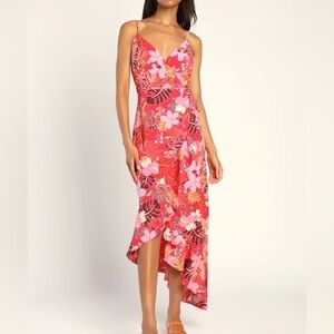 NEW Lulus Floral Tropical Print High-Low Wrap Berry Pink Dress XL Extra Large